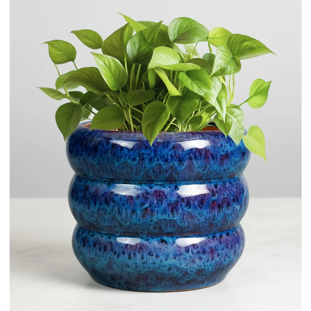 

8-дюймовый керамический горшок с дренажным отверстием - синий декоративный цветочный горшок для комнатных и уличных растений, домашний декор