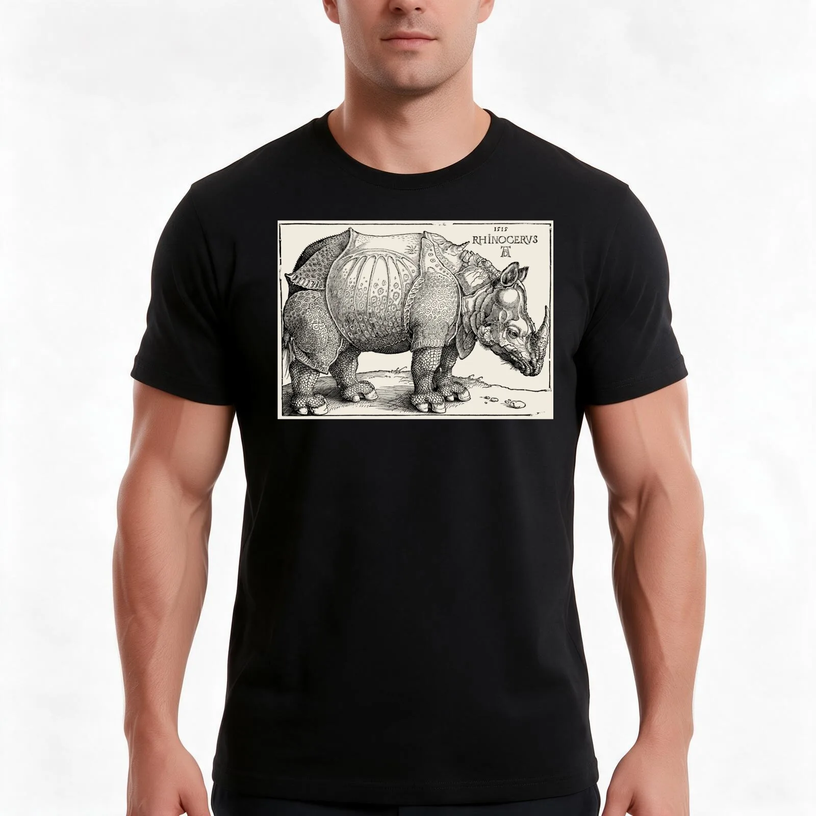 Albrecht Durer Rinoceronte Rhinoceros 1515 wood engragving ink original fine art HD High Quality Men T Shirt t shirt man luxury