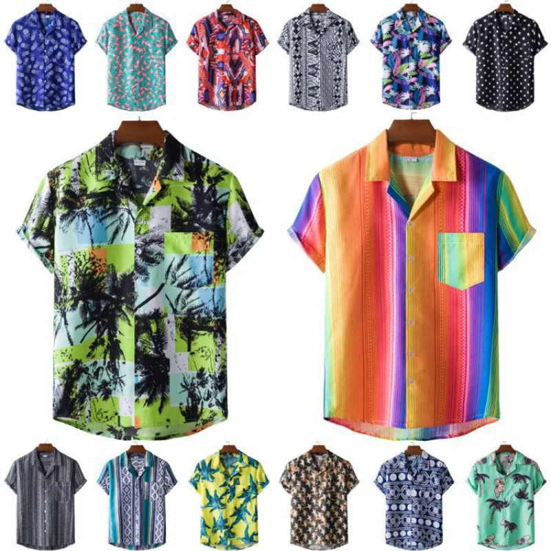 SZYL-Men's Short-Sleeved Shirt, Ethnic Style Printed Hawaiian Shirt, Source of Goods