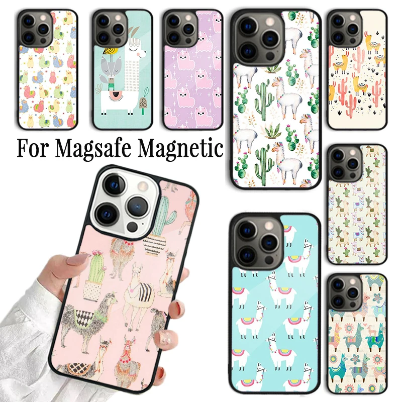 Coque Phone Case For iPhone 16 15 14 13 12 11 Pro Max Plus Magsafe Magnetic Wireless Charging Cover Kawaii Cute Llama Alpaca