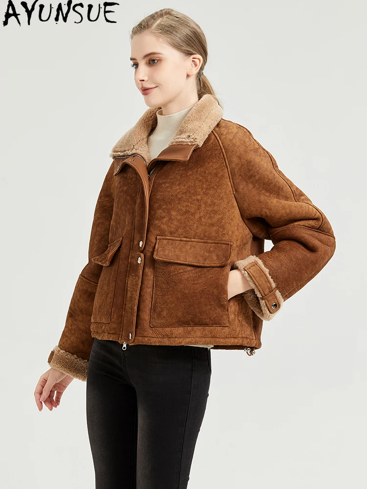 AYUNSUE 2025 ใหม่Shearlingแจ็คเก็ตผู้หญิง 100% ขนสัตว์ธรรมชาติแจ็คเก็ตผู้หญิงเสื้อผ้าMerinoแกะเสื้อขนสัตว์ผู้หญิงС