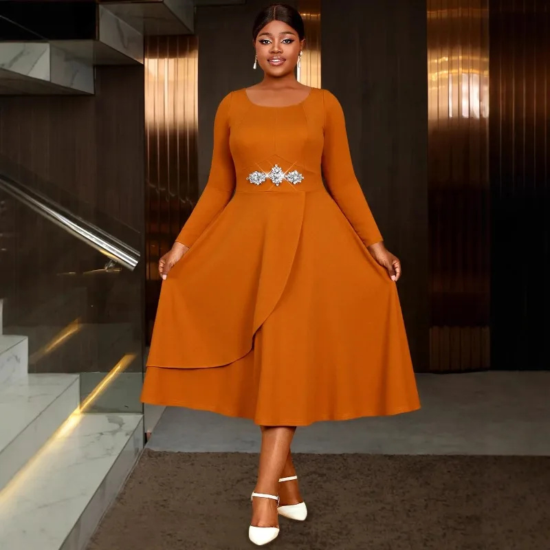 

L-4XL Plus Size African Party Evening Dresses for Women Autumn African Long Sleeve O-neck Midi Dress Dashiki African Clothes