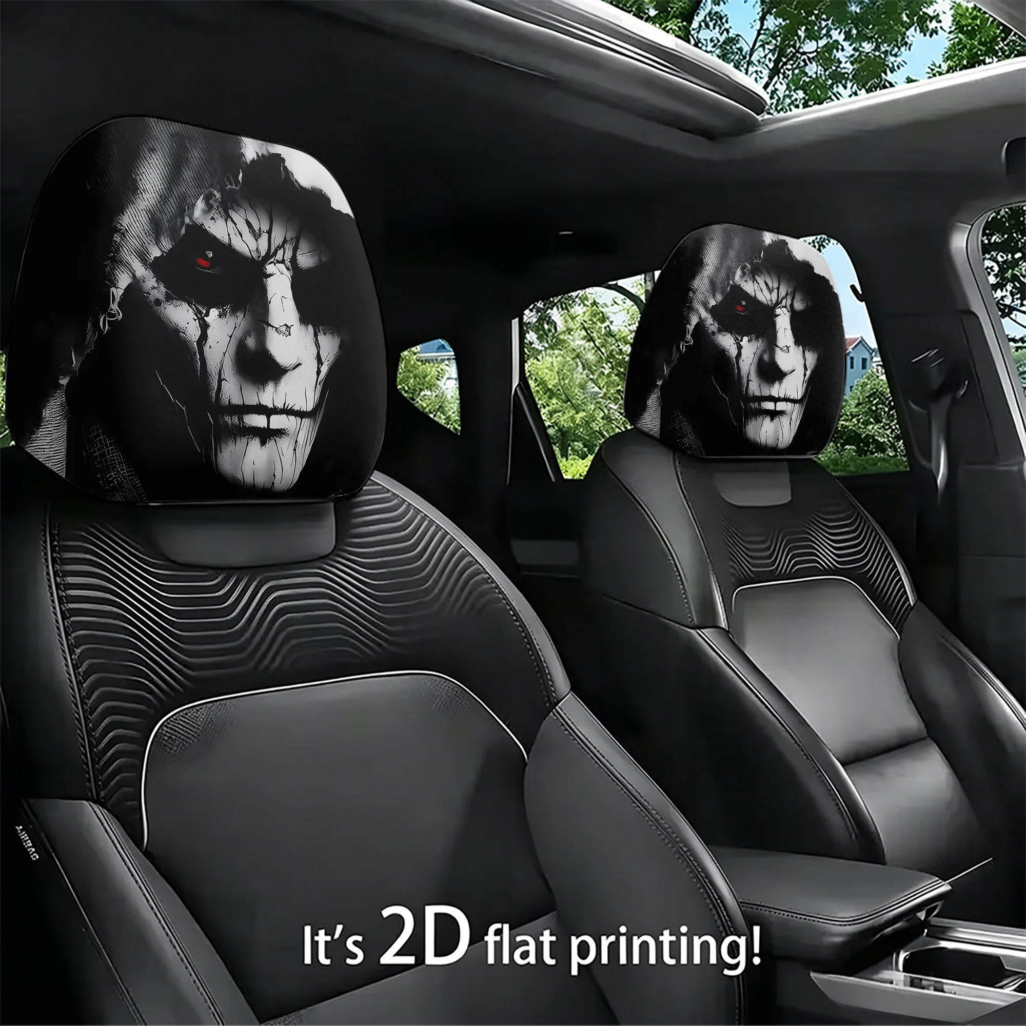 2pcs Gothic-style skull-patterned car headrest covers to add a dark and bold touch to your car’s interior. Does not include fill