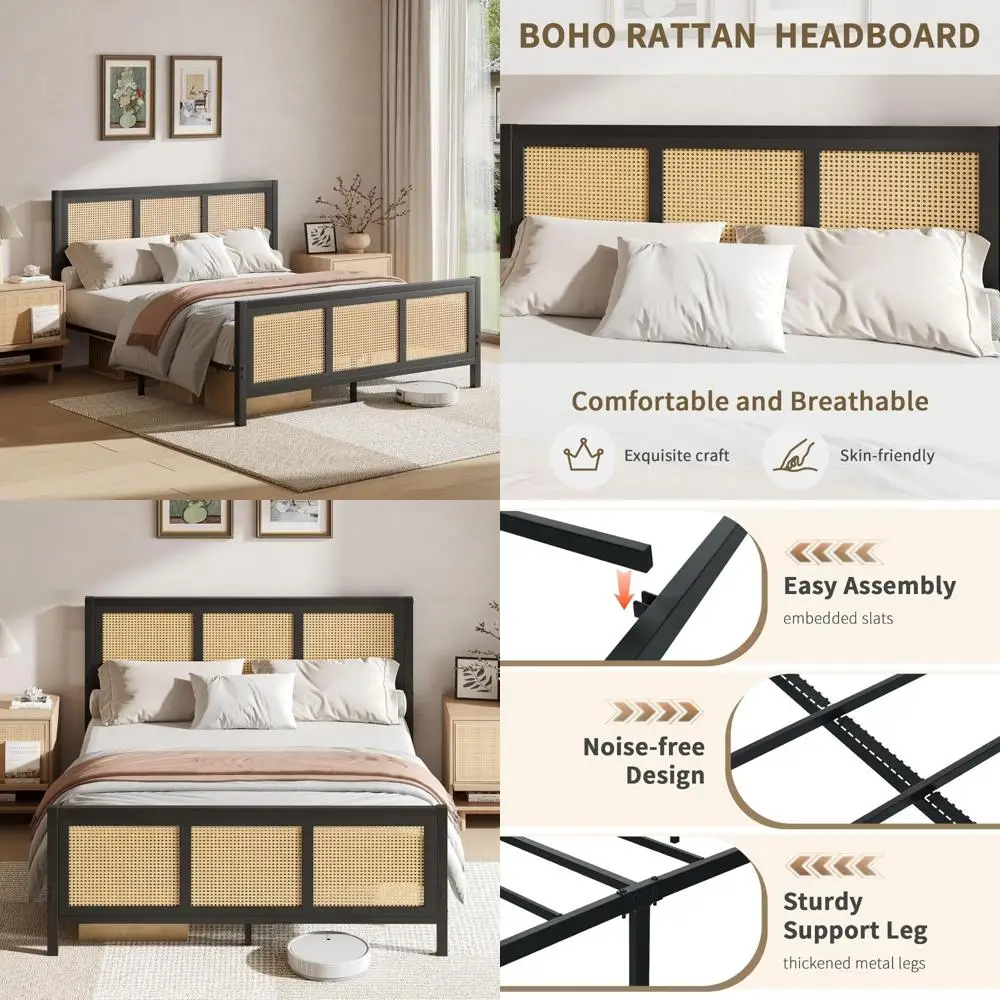 Queen Size Rattan Boho Style Bed Frame with Metal Platform and Headboard, featuring sturdy slat support.