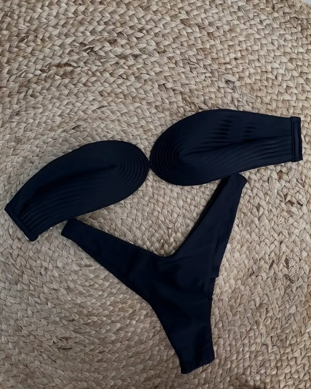 

2025 Sexy High-Cut Black Ribbed Bikini Set Perfect for Summer Beach and Pool Parties Beach Vacations Beach Style