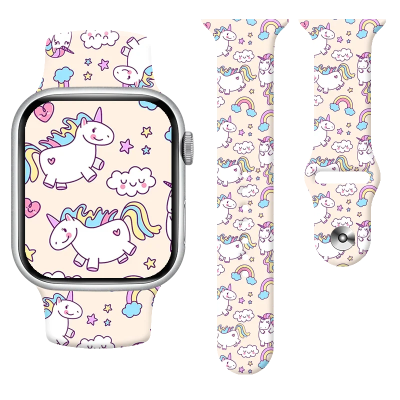 

Ремешок Miniso Colorful Unicorn Series с принтом для Apple Watch 11/10/9/8/SE, мягкий силиконовый сменный ремешок для 46 мм/45 мм/44 мм/42 мм