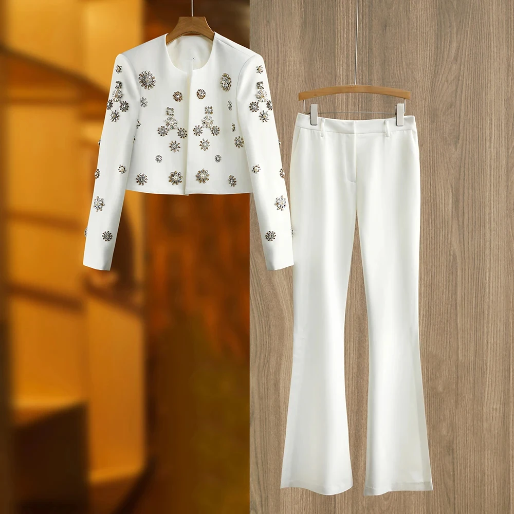 

Luxury Design Handmade Spark Rhinestone Women 2PCS Pants Suits Short Jacket Wide-leg Trousers High Street White Twin Sets