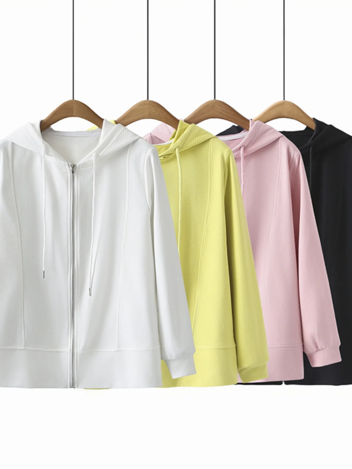 

White Hooded Cardigan Sweatshirt Large Size Women's Spring Autumn New Loose Slimming Zipper Coat Cotton Long Sleeve Pure Color