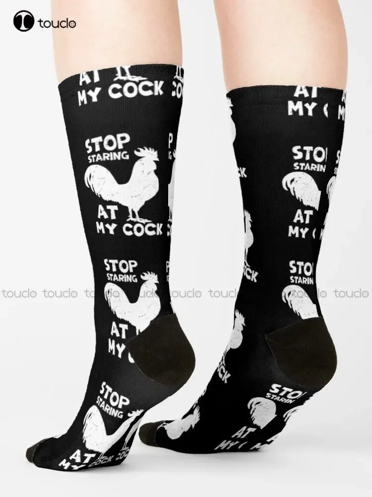 Funny Chicken Rooster Stop Staring At My Cock Socks Mens Funny Socks Personalized Custom Unisex Adult Teen Youth Socks Funny Art