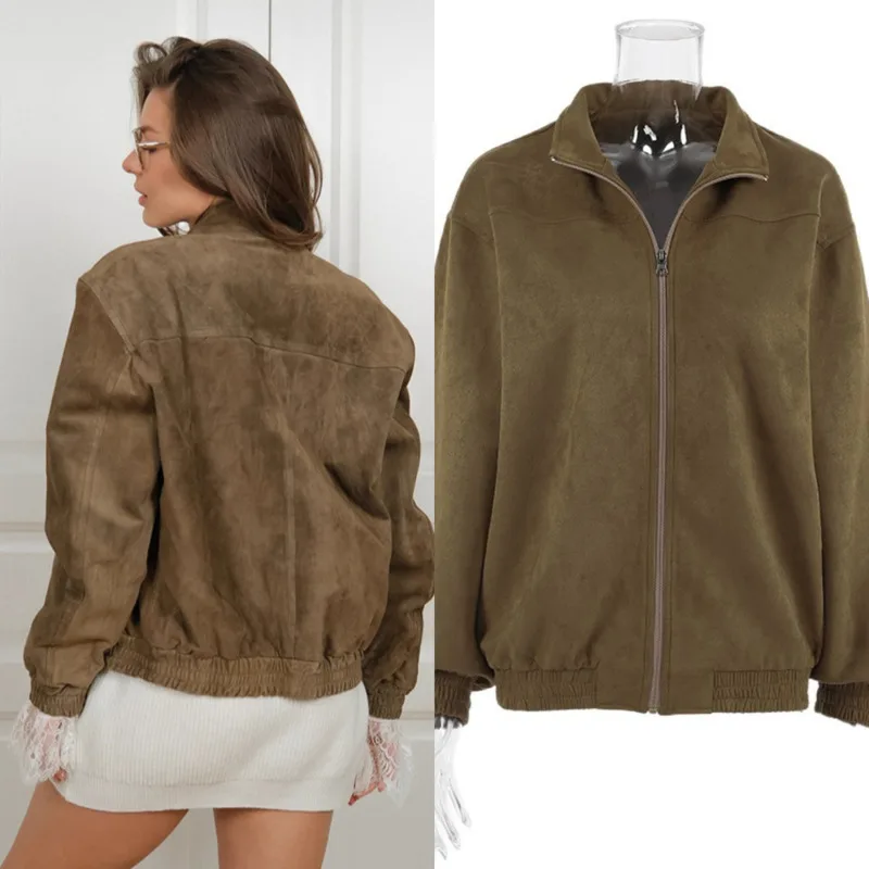 

Soft Touch Faux Suede Jacket For Women Fall Street Style Zipper Outerwear With Stand Collar Relaxed Fit For Daily Or Travel Wear