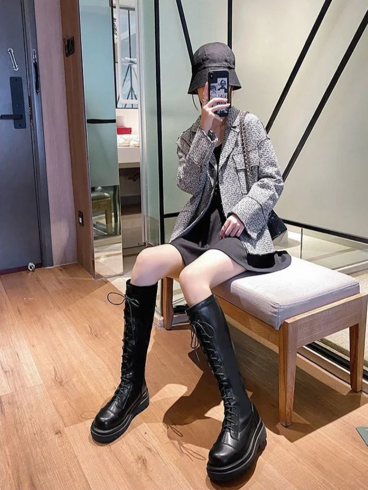 Women Lace-Up Below Knee Tall Boots Knight Style Stretchy Leather Flat Sole Black Footwear