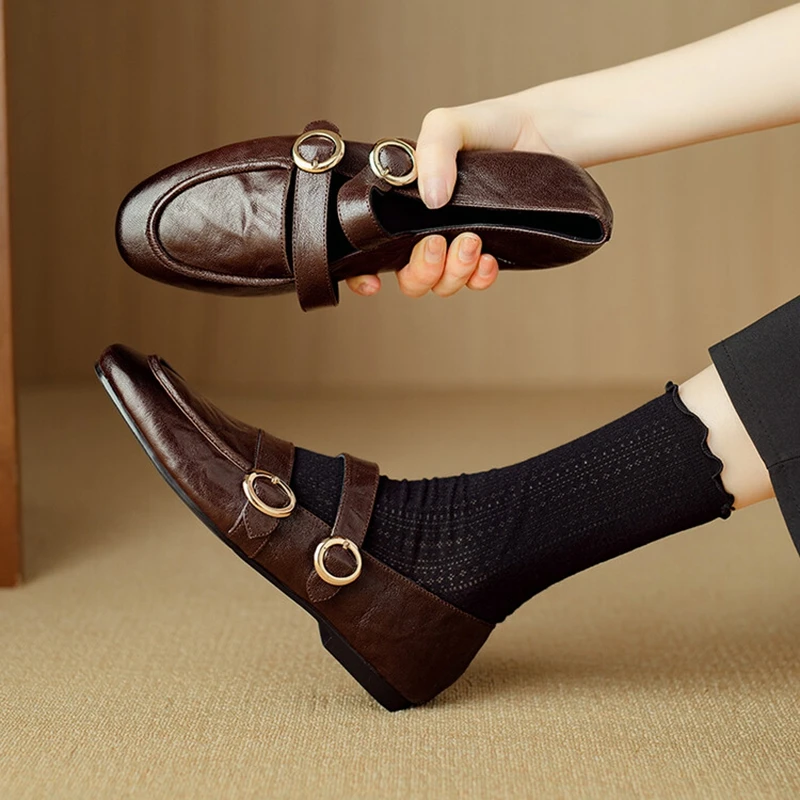 

NEW Spring/Autumn Women Pumps Genuine Leather Shoes for Women Casual Round Toe Low Heel Shoes Buckle Women Loafers Soft Shoes
