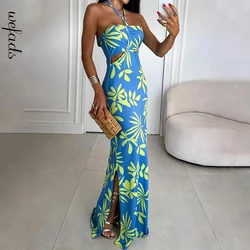 Wefads Long Dress Women Summer Beach Casual Printed Sleeveless Halter Neck Backless Hollow Out Slit Nipped Waist Maxi Dresses