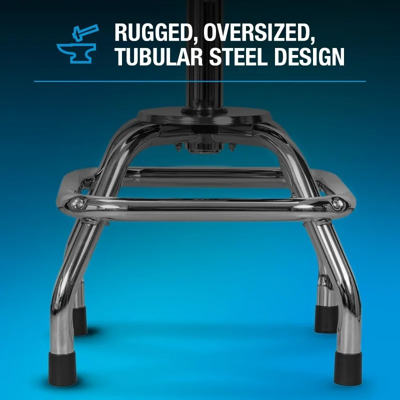 Tabouret Roulant Rond en Cuir PU avec Rembourrage et Support Lombaire, Réglable, Chromé, 28 Pouces