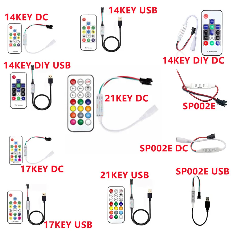 WS2811 WS2812B Led Pixels Strip Light Controller USB/DC MINI 3Keys RF 14/17/21Keys Led Tape Remote Controller DC5-24V