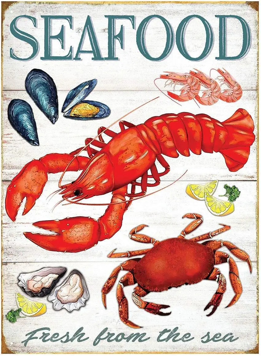 Metal Tin Sign Seafood Fresh Sea Crab Lobster Lemon Pub Bar Retro Poster Home Kitchen Restaurant Wall Decor Signs 12x8inch sign