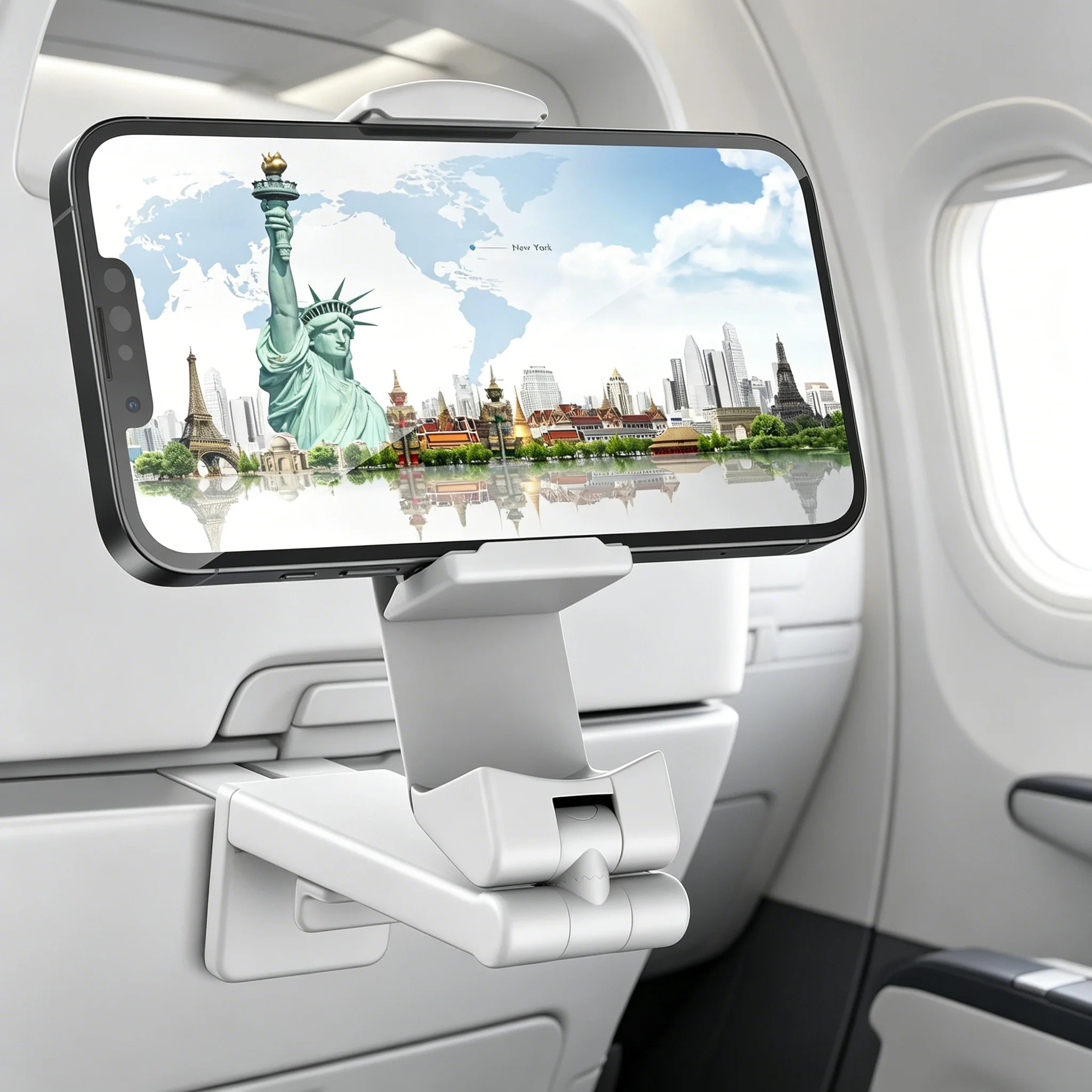 Phone Holder Airplane - ポータブル折りたたみ式飛行機用スマホスタンド、調整可能回転式トラベルホルダー、多機能フライトトレインデスクシート自撮りサポート