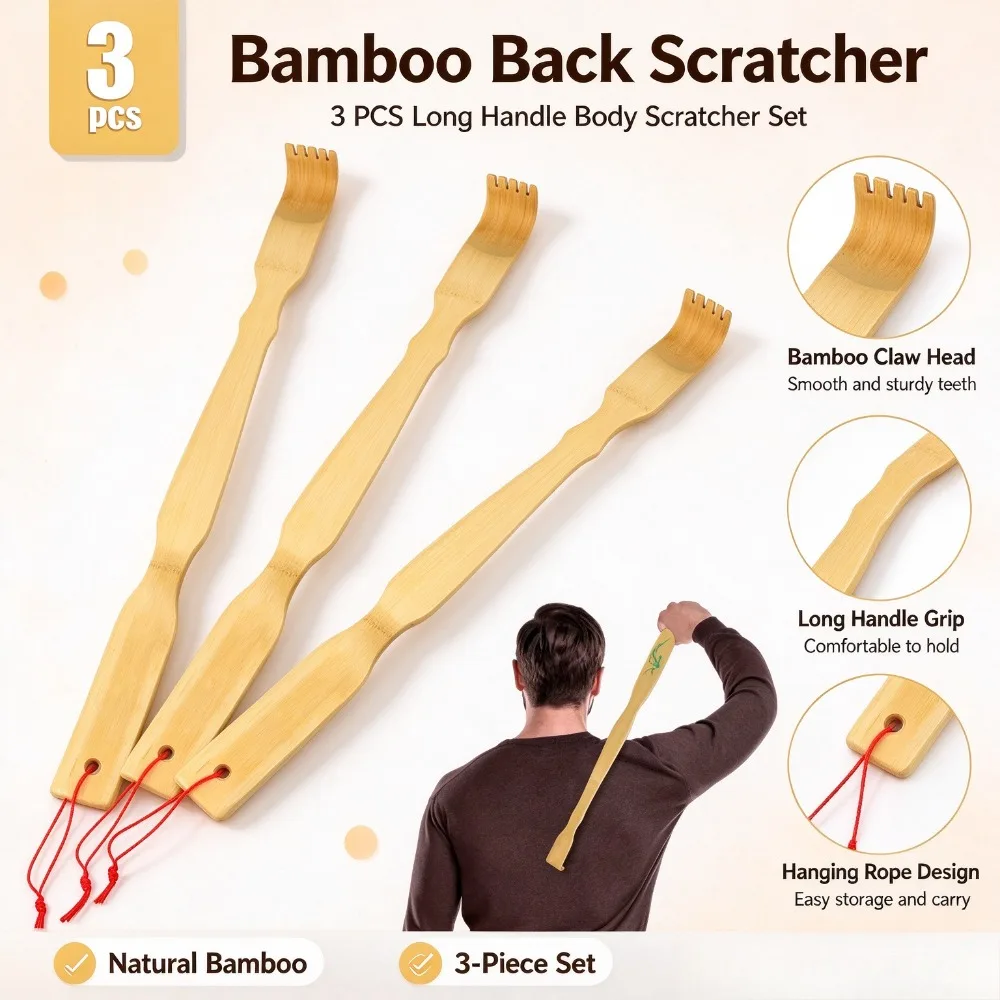 3 Pack 18 Inch Bamboo Back Scratcher Long Handle Massager for Itching Relief Natural Handmade for Men Women