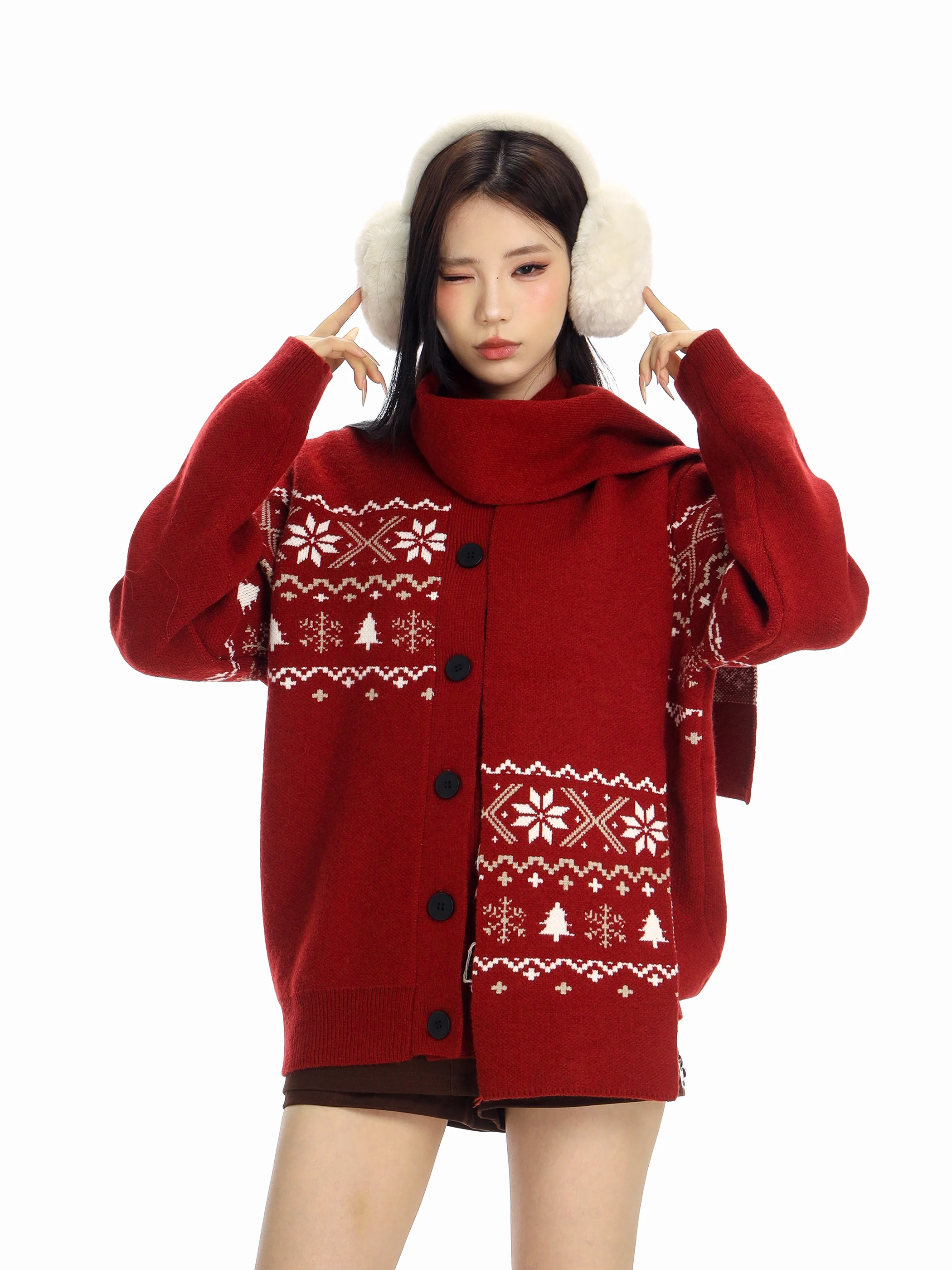 

Red Knitted Spring Sle Open Cardigan Sweater Women's New Year's Faion Soft Acrylic Nylon Blend Long Sve round Ne Top