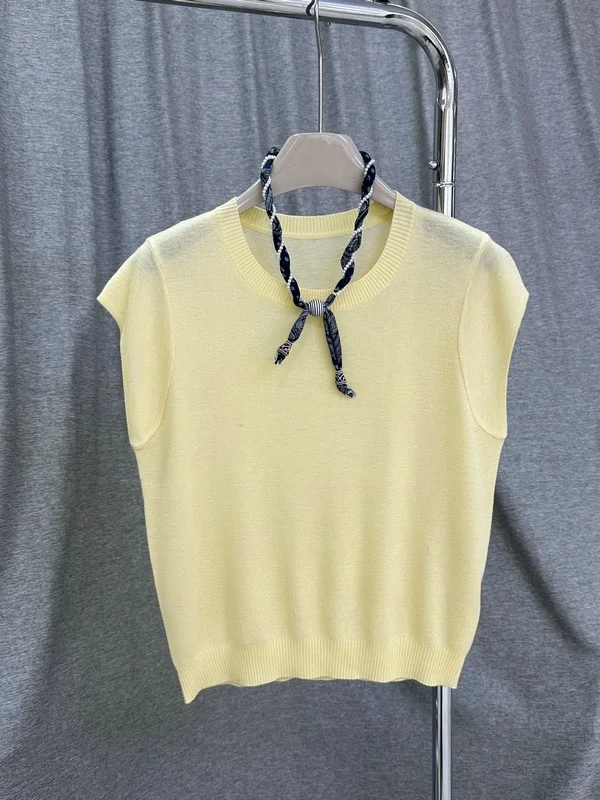 

Шелковый шарф в корейском стиле, украшенный шерстяной смесью, вязаный топ с короткими рукавами и круглым вырезом, женский свободный крой, летняя модная одежда