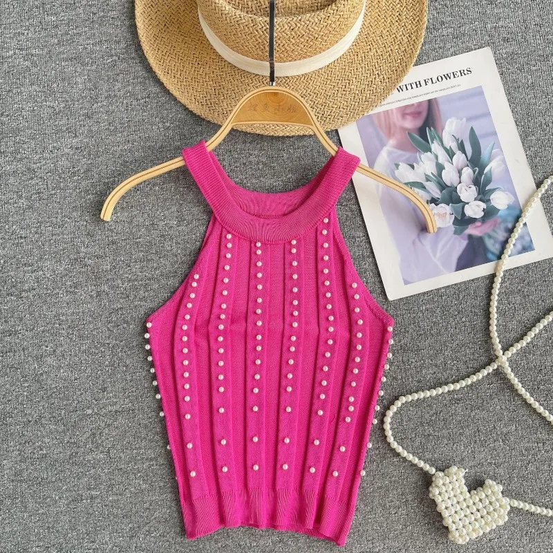 American Spice Girls Simple Beaded Elastic Slim Fit Summer New Sleeveless Short Knitted Suspender Versatile Camis Top
