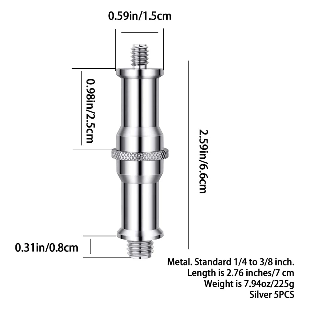 A52T5PCS Convertidor macho de metal estándar de 1/4 a 3/8 pulgadas Adaptador de tornillo roscado Perno de espiga, para cámara de soporte de luz de estudio