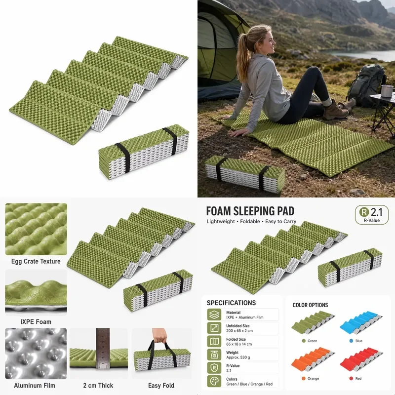 Foldable IXPE Foam Camping Sleeping Pad with Aluminum Film Thermal R-Value 2.1 Waterproof Egg Crate Mat for Hiking
