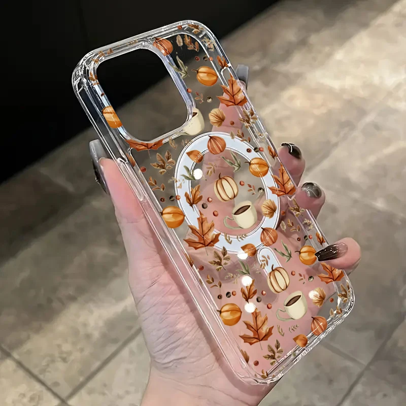 Transparent Pumpkin Autumn Leaves with Coffee Case For Samsung Galaxy S24 S22 S21 S23 S25 Ultra Plus FE Wireless Charge Cover
