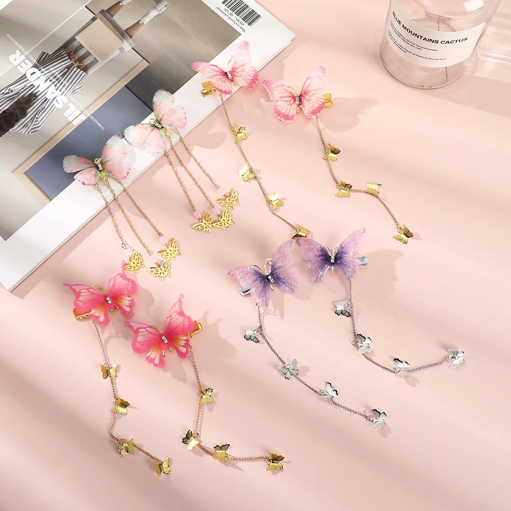 Butterfly Hairpins New Korean Yarn Elegant Metal Tassel Long Hair Clips For Women Hanfu Antique Party Hair Accessories