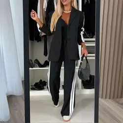 Autumn And Winter New Long Sleeves Suit Women's Suit Fashion Pimp Stitching Pants Pocket Female Office Blazer 2 Piece Set 2024