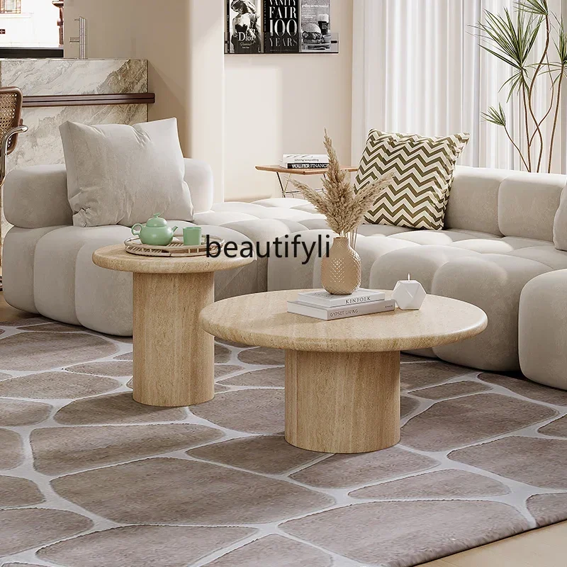 

Awabi-sabi minimalist natural travertine coffee table, small apartment living room household round balcony, coffee table