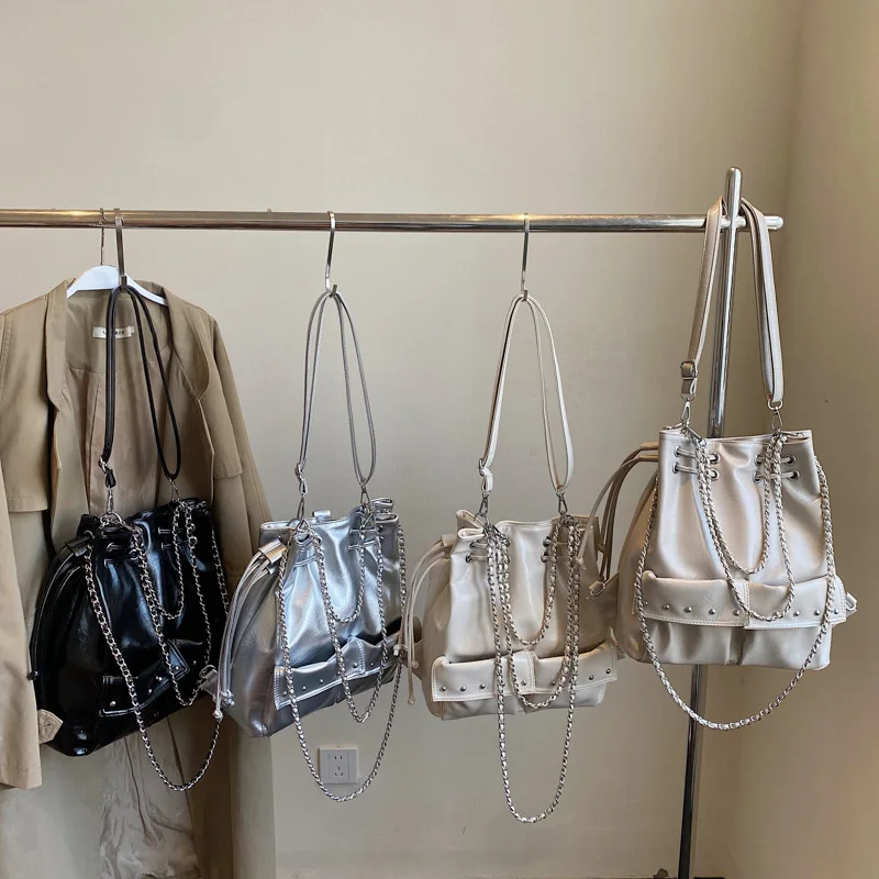 

‌2025 Trendy Studded Shoulder Bag - Punk Motocross Purse with Metal Chains, Edgy Y2K Handbag for Night Out & Daily Use