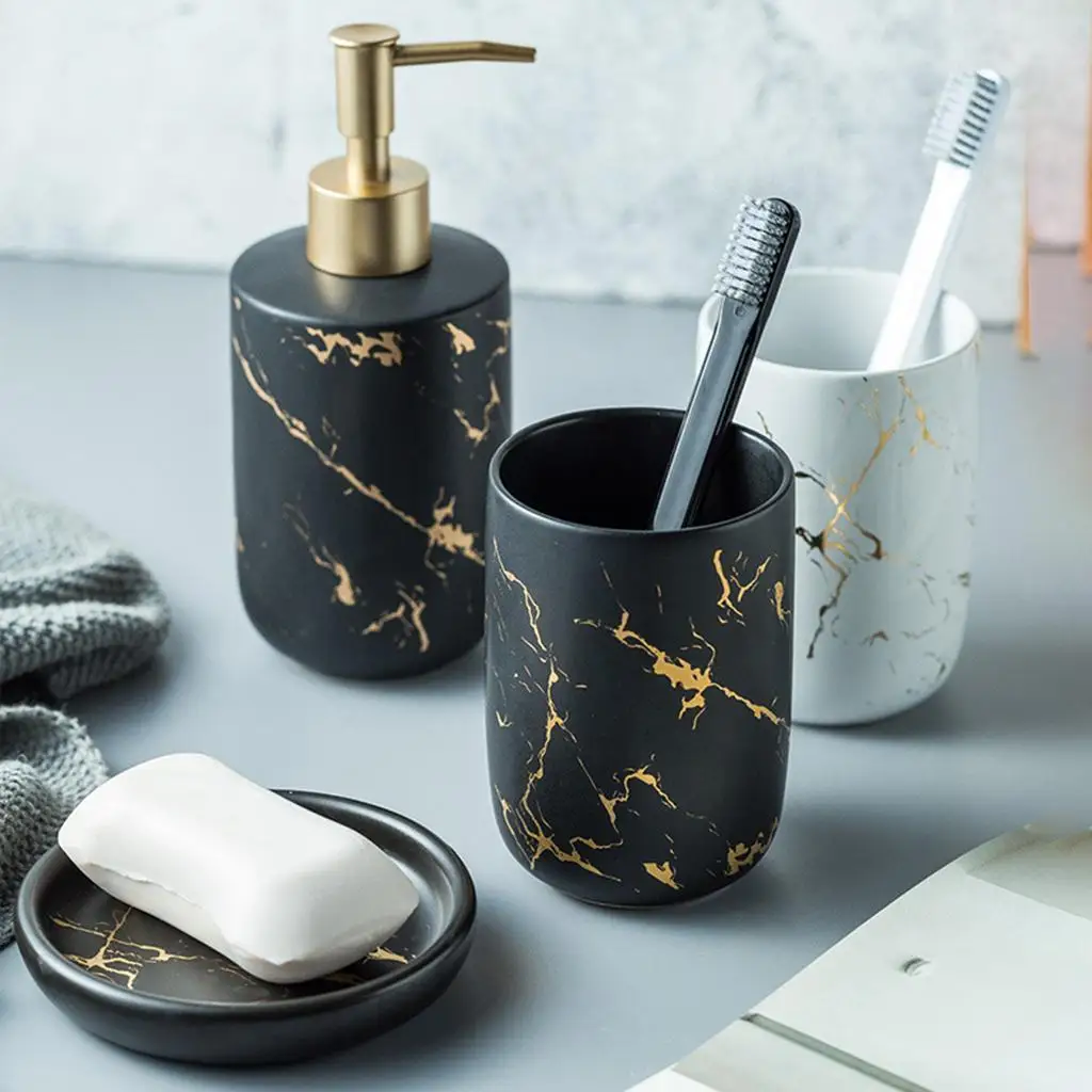 Modern Marble Bathroom Accessories Set Ceramic 5 Piece Kit with Soap Dish Dispenser Toothbrush Holder for Restroom Decor