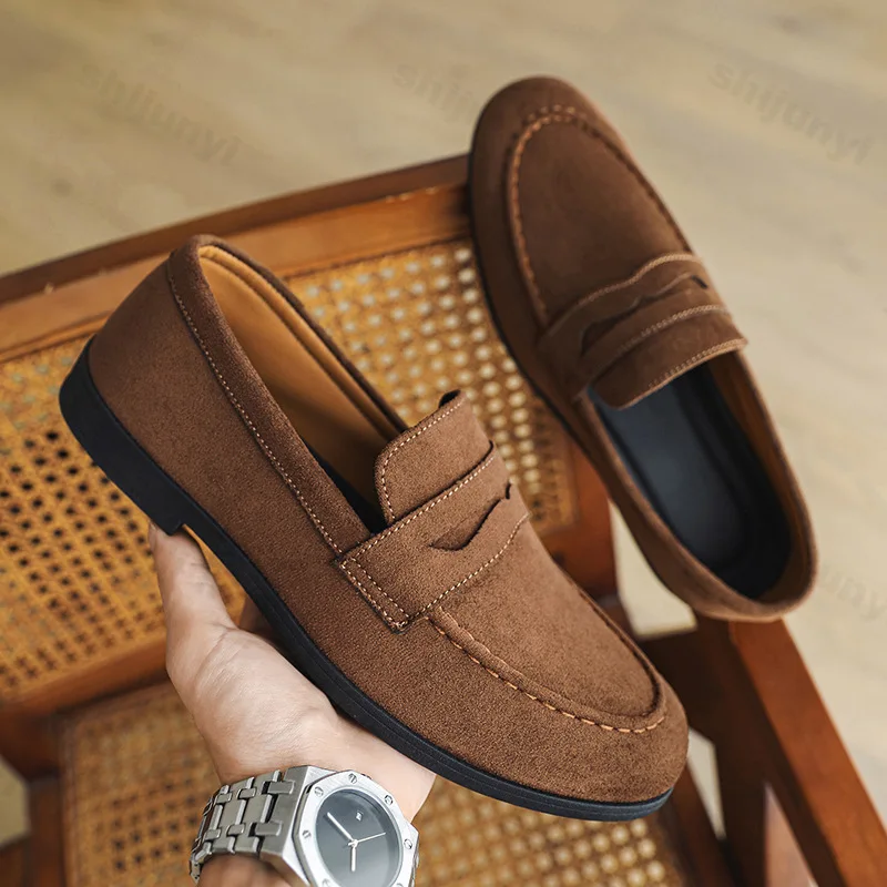 Men Flat Loafers 2026 Frosted Suede Flat Shoes Comfortable Non Slip Fashion Leather Dress Shoes Outdoor Casual Shoes Moccasins