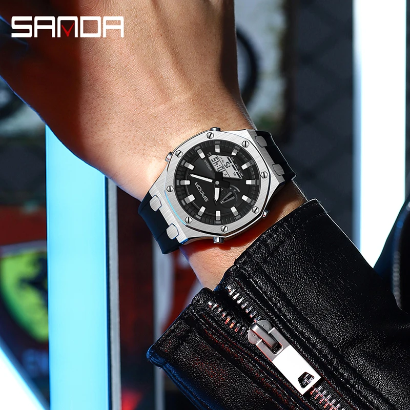 SANDA-reloj eléctrico multifunción para hombre, pulsera con alarma luminosa, resistente al agua, a prueba de golpes, tendencia de moda, novedad de 3309