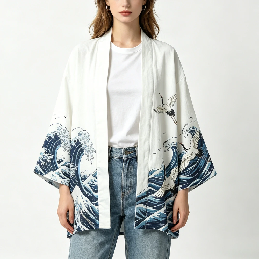 Japanese Kimono Cardigan with Traditional Wave Crane Art Cotton Yukata Robe Coat for Women Men Beach Cover Up Loungewear Clothes