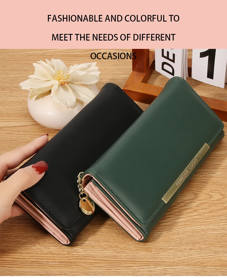 Damen Lange PU-Geldbörse 2-fach Faltbar Einfarbige Clutch mit Mehreren Kartenfächern Große Kapazität Reißverschluss-Geldbörse Koreanischer Stil Damen-Handgeldbörse – Detail 1