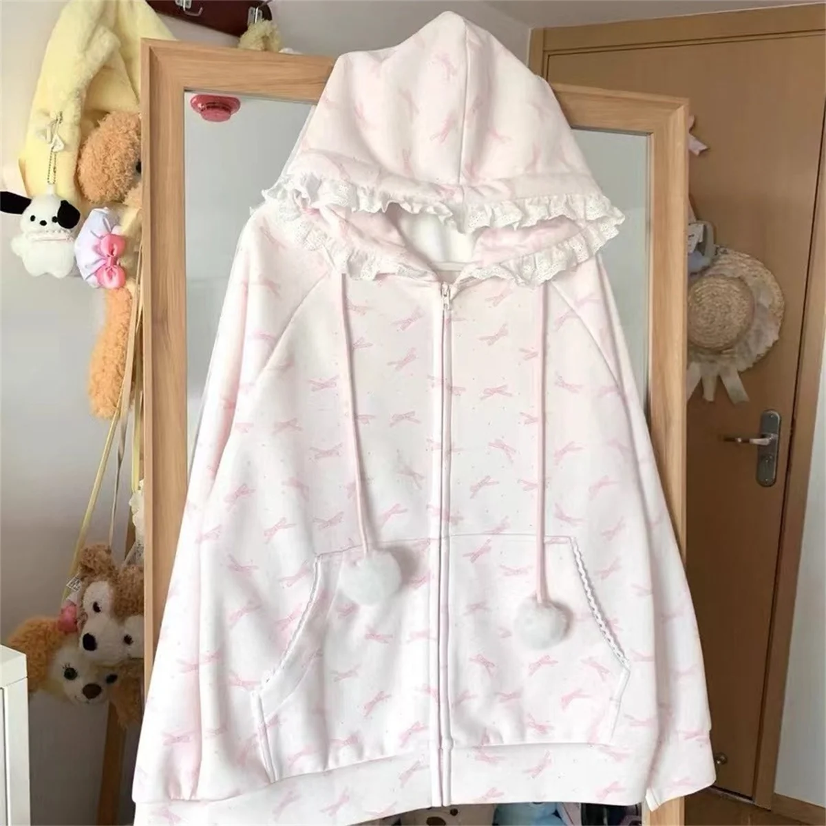 Felpe con cappuccio tascabili patchwork in pizzo giapponese Top autunno Harajuku Felpa con stampa di cartoni animati Casual sciolto Y2k estetica streetwear