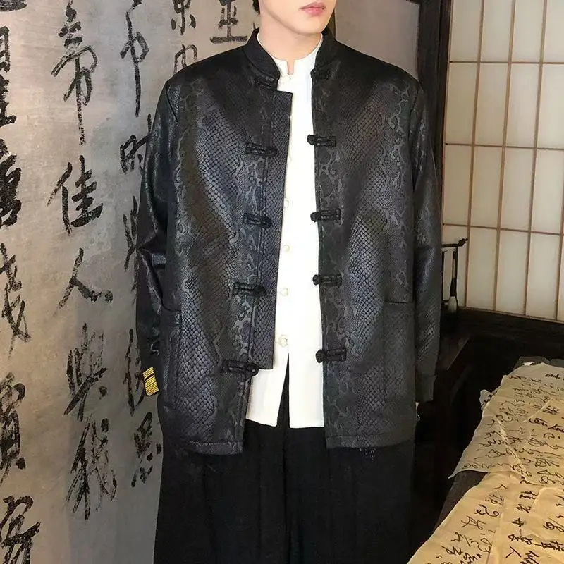 

Men's Mandarin Tops PU Jacket New Chinese Style Button Jacquard Coat Spring Autumn Retro Casual Fashion Outfits Male Tang Suits