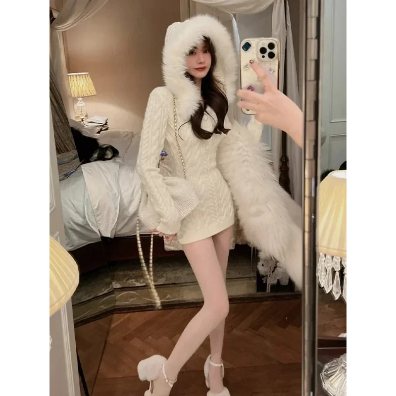 2022 الشتاء محبوك سترة فستان مع مقنعين المرأة سليم Bodycon Y2k فستان قصير فو الفراء الإناث قطعة واحدة فستان الكورية أنيقة