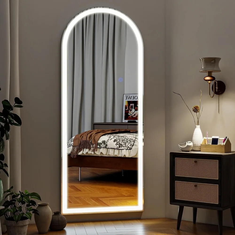LED Full-Length Arched Floor Mirror with Dimmable Lights, 3 Color Modes, Standing or Wall Mounted for Body Viewing