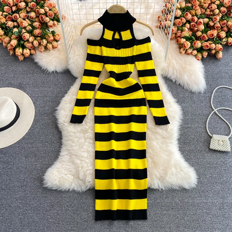 Autumn Women Chic Sexy Off-shoulder Hollow Bodycon Hip Wrapped Knitted Stripped Dress Winter Elastic Ady Party Sweater Dresses