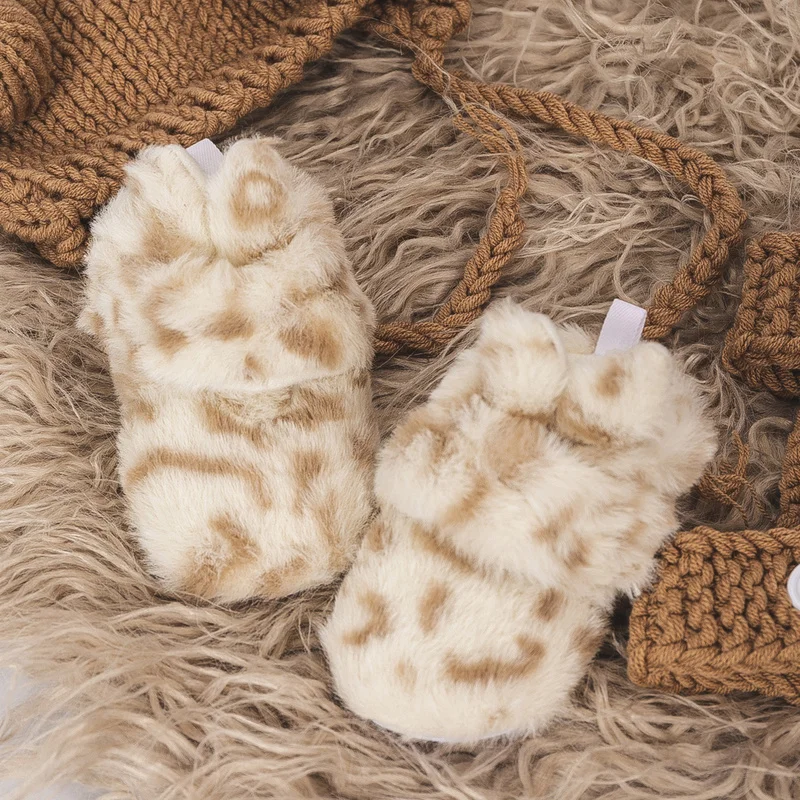 Baby Girl Boy Fluff Croissant Shoes Socks Leopard Print Anti-Slip First Walker Winter Infant Crib Shoes Newborn Moccasins