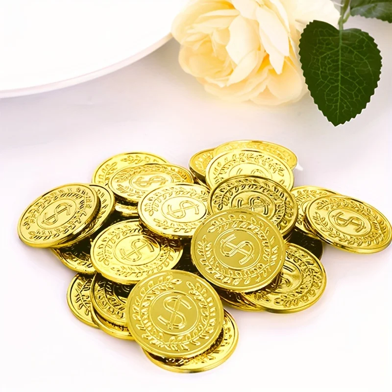 50pcs Golden Coins Plastic Play Golden Treasure Coins | Suitable for Party Favors, Treasure Hunt Games, and Party Supplies