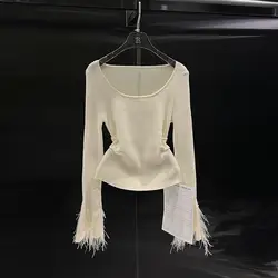 French Gentle Style Versatile Heavy Industry Beading Feather Bell Sleeve Bottoming Shirt for Women Autumn and Winter Sweet Top