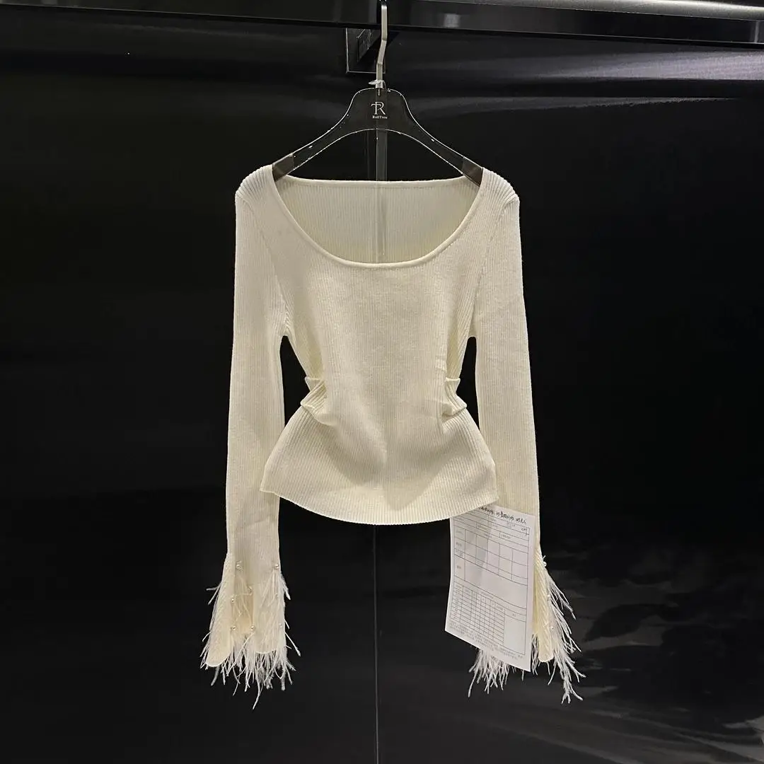French Gentle Style Versatile Heavy Industry Beading Feather Bell Sleeve Bottoming Shirt for Women Autumn and Winter Sweet Top