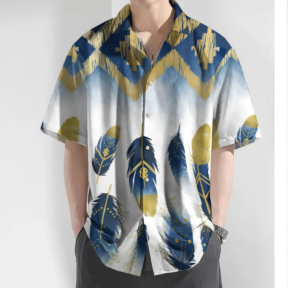 Camisas hawaianas con estampado de plumas 3d para hombres, camisa de manga corta para hombres, ropa informal diaria, camisa suelta de gran tamaño de alta calidad, Verano