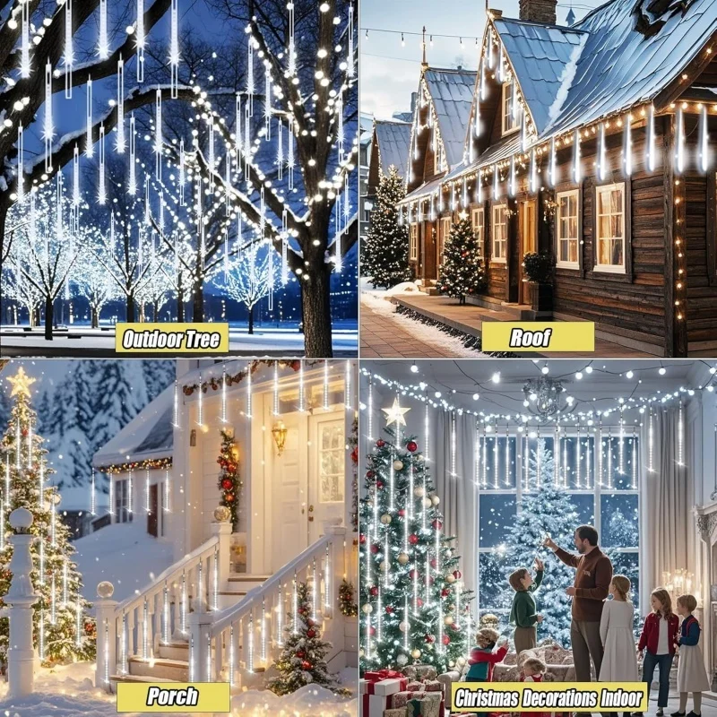 Outdoor USB Meteor Rain Lights LED String 30CM8Tubes-50CM8Tubes IP54 Waterproof 8 Modes Warm White Blue Colorful Christmas Tree