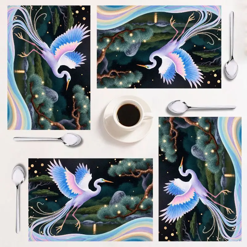 طقم مفرش طاولة مكون من 4 قطع، تصميم طيور ملونة، سهل التنظيف، ديكور حديث، 12 × 18 بوصة، مثالي لتناول الطعام في المنزل والعطلات.