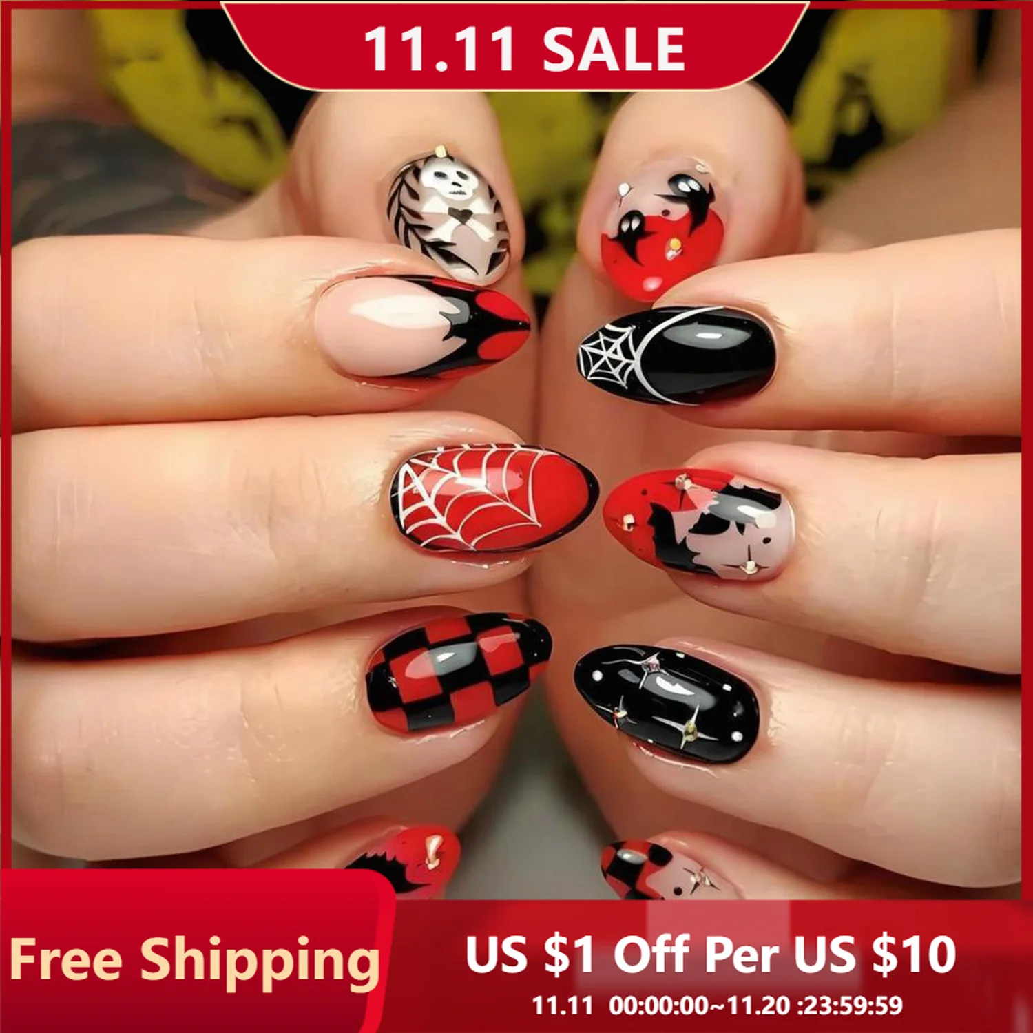 

24Pcs Halloween Press on Nails Spider Bat Skeleton Ghost Full Coverage Nail Tips for Women&Girl Removable Wearable False Nail